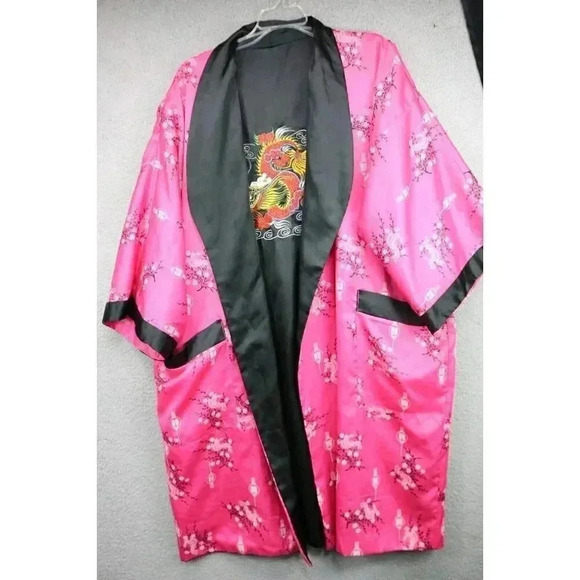 Women's Reversable Kimono Robe-Embroidered Dragon-One Size-Missing Belt-Pockets - Picture 4 of 6